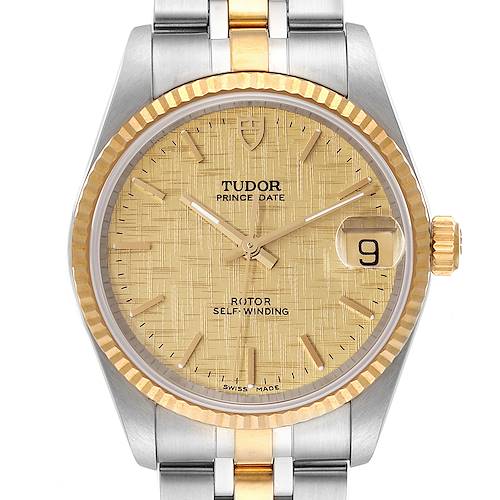 The image shows a frontal view of a Tudor Prince 72033 Women's Steel and Gold (two tone) Champagne Dial 72033 Women's Steel and Gold (two tone) Champagne Dial Date watch with a two-tone bracelet and gold bezel.