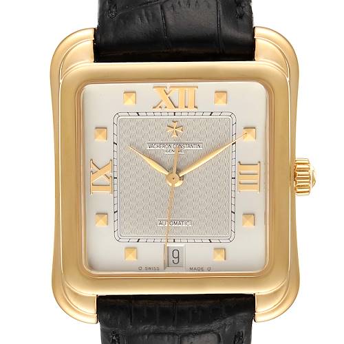 The Vacheron Constantin Historiques 42100 Men's Yellow Gold Silver Dial 42100 Men's Yellow Gold Silver Dial watch is shown from a front angle, displaying its square gold case, dial, and black leather strap.