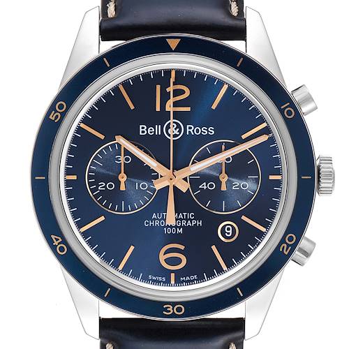 The image shows a front view of a Bell & Ross Chronograph watch, featuring its dial, bezel, pushers, and crown.