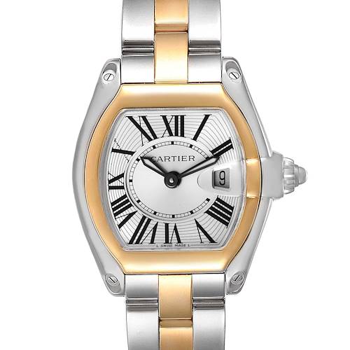 The image shows a Cartier Roadster W62026Y4 Women's Steel and Gold (two tone) Silver Dial W62026Y4 Women's Steel and Gold (two tone) Silver Dial watch from a front angle, highlighting its dial, bezel, and two-tone bracelet.