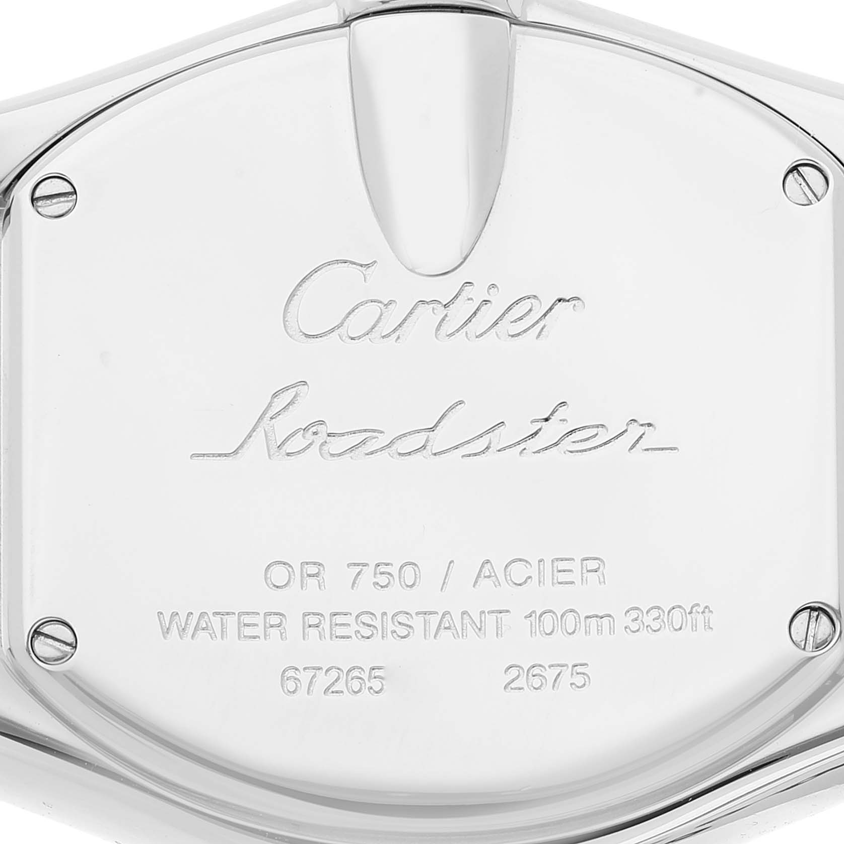 The image shows the back case of the Cartier Roadster W62026Y4 Women's Steel and Gold (two tone) Silver Dial W62026Y4 Women's Steel and Gold (two tone) Silver Dial watch, featuring the brand, model name, and technical details.
