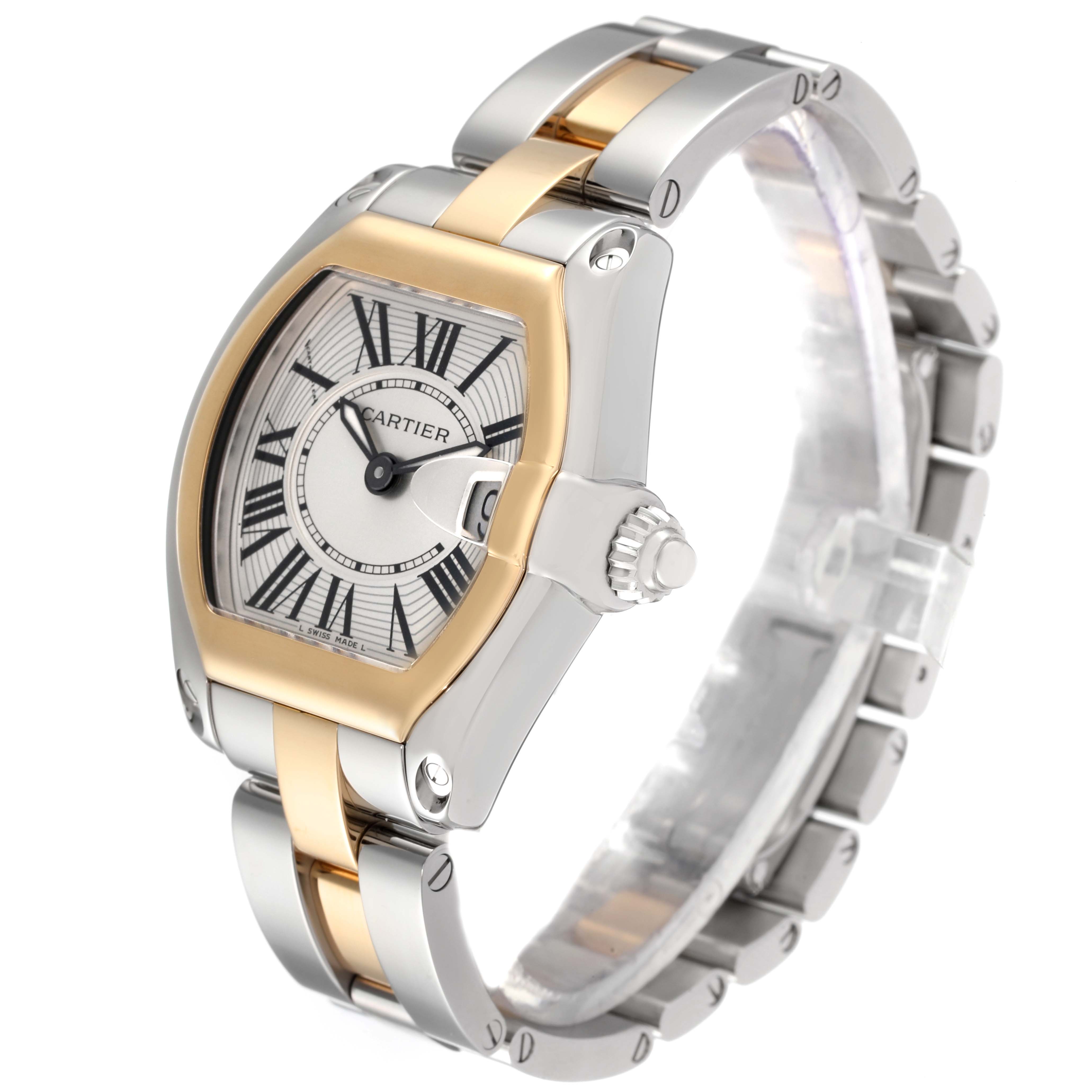 The image shows a Cartier Roadster W62026Y4 Women's Steel and Gold (two tone) Silver Dial W62026Y4 Women's Steel and Gold (two tone) Silver Dial watch at a three-quarter angle, highlighting its dial, bezel, crown, and metal bracelet.