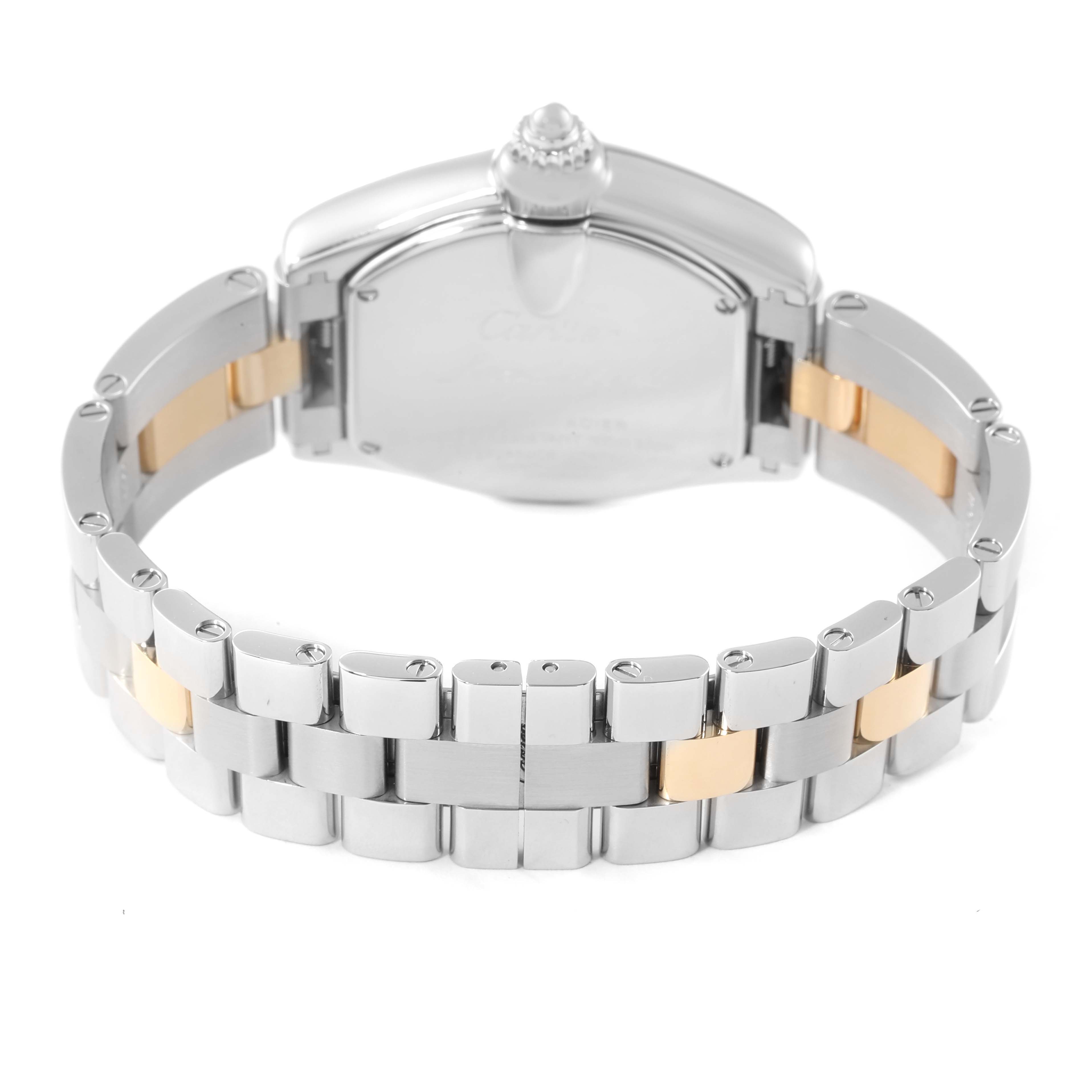 This image shows the back of the Cartier Roadster W62026Y4 Women's Steel and Gold (two tone) Silver Dial W62026Y4 Women's Steel and Gold (two tone) Silver Dial watch, focusing on its clasp and the two-tone bracelet.