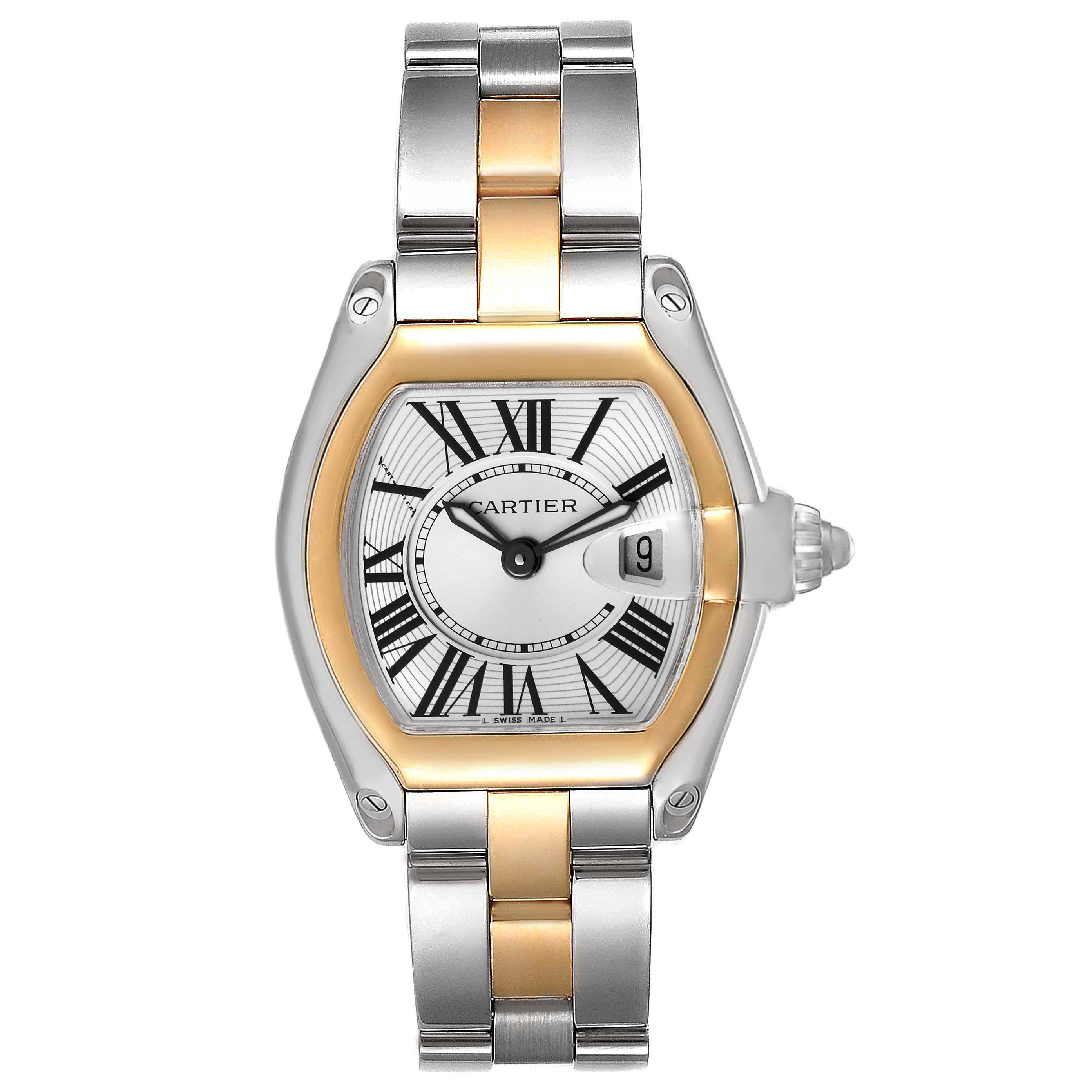 The Cartier Roadster W62026Y4 Women's Steel and Gold (two tone) Silver Dial W62026Y4 Women's Steel and Gold (two tone) Silver Dial watch is shown from a top-down angle, highlighting its face, bracelet, and iconic crown.