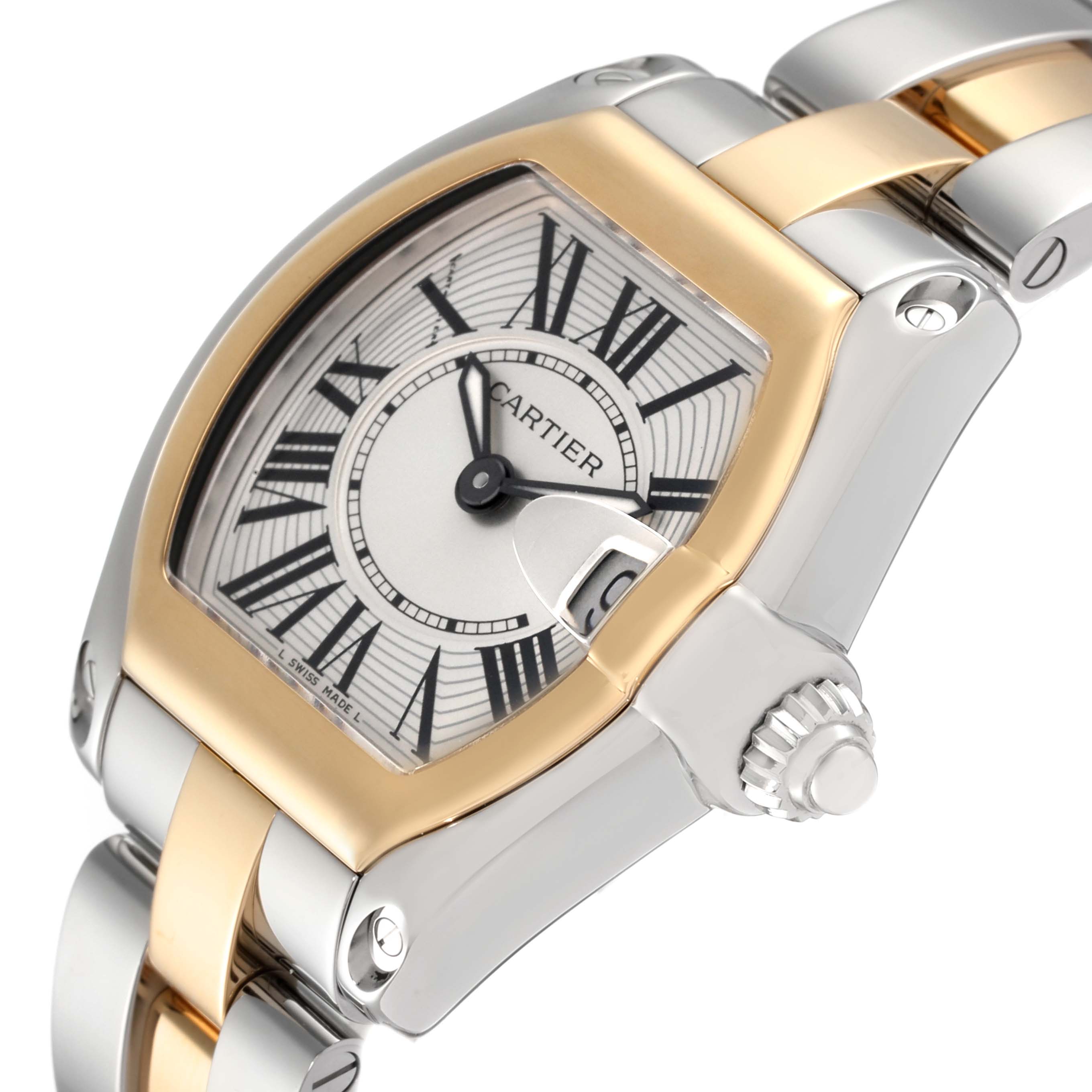 The image shows a close-up angle of the Cartier Roadster W62026Y4 Women's Steel and Gold (two tone) Silver Dial W62026Y4 Women's Steel and Gold (two tone) Silver Dial watch, highlighting the dial, bezel, crown, and bracelet.