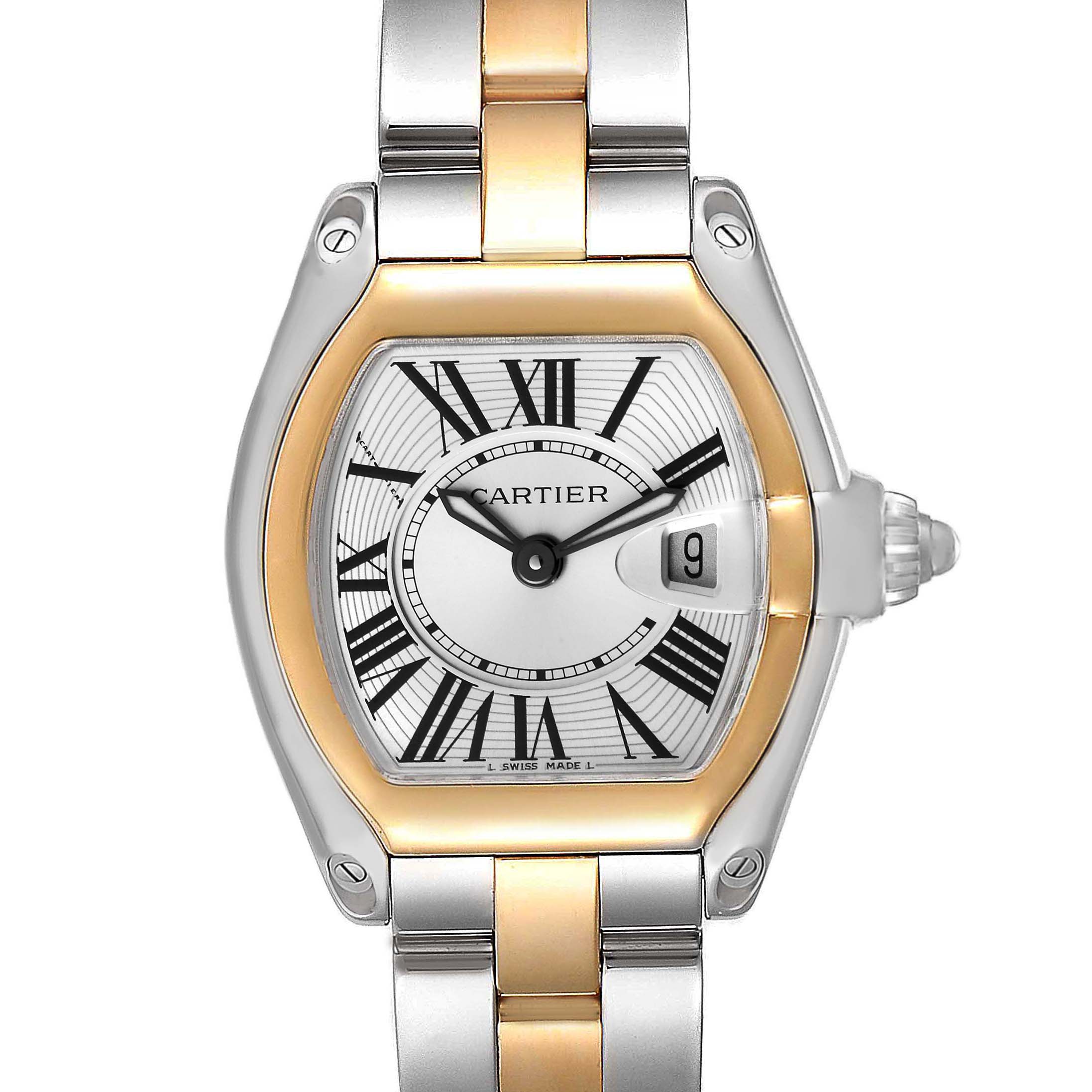The image shows a front view of a Cartier Roadster W62026Y4 Women's Steel and Gold (two tone) Silver Dial W62026Y4 Women's Steel and Gold (two tone) Silver Dial watch displaying the face, bezel, and part of the bracelet.
