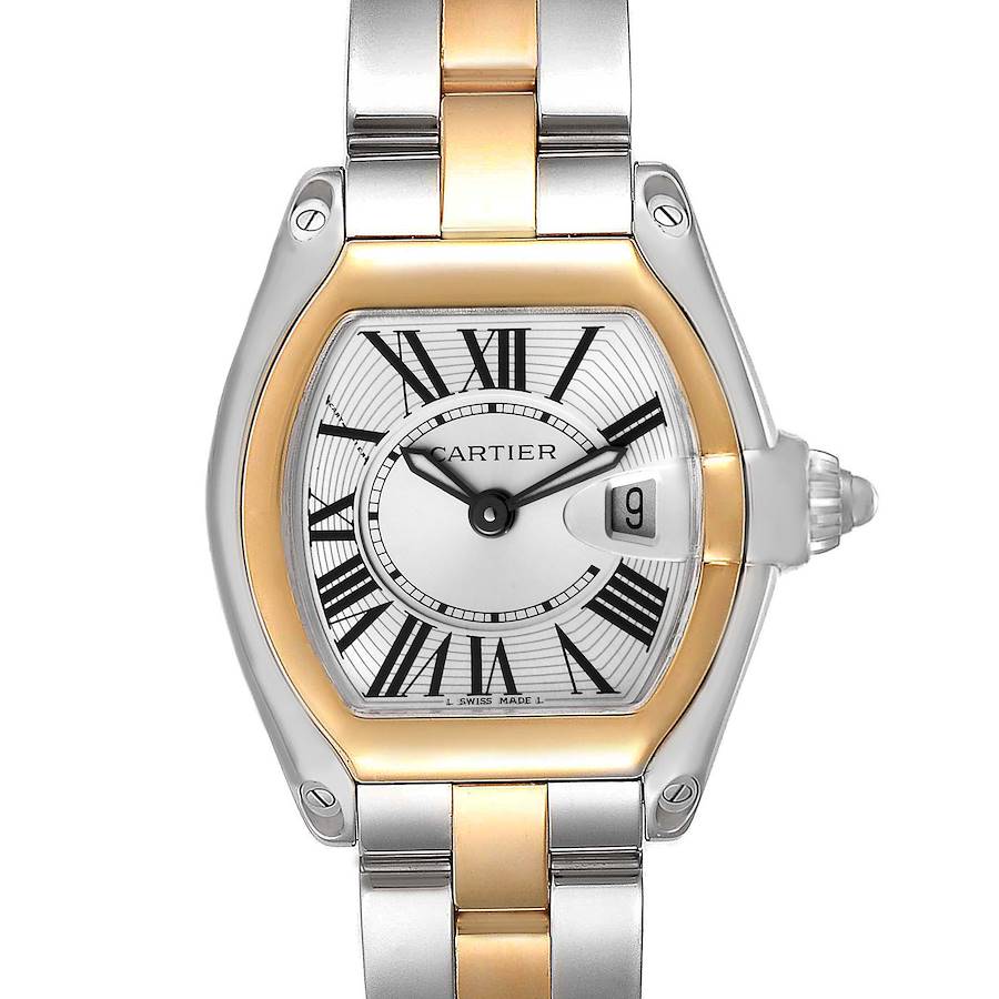 The image shows a front view of a Cartier Roadster W62026Y4 Women's Steel and Gold (two tone) Silver Dial W62026Y4 Women's Steel and Gold (two tone) Silver Dial watch displaying the face, bezel, and part of the bracelet.