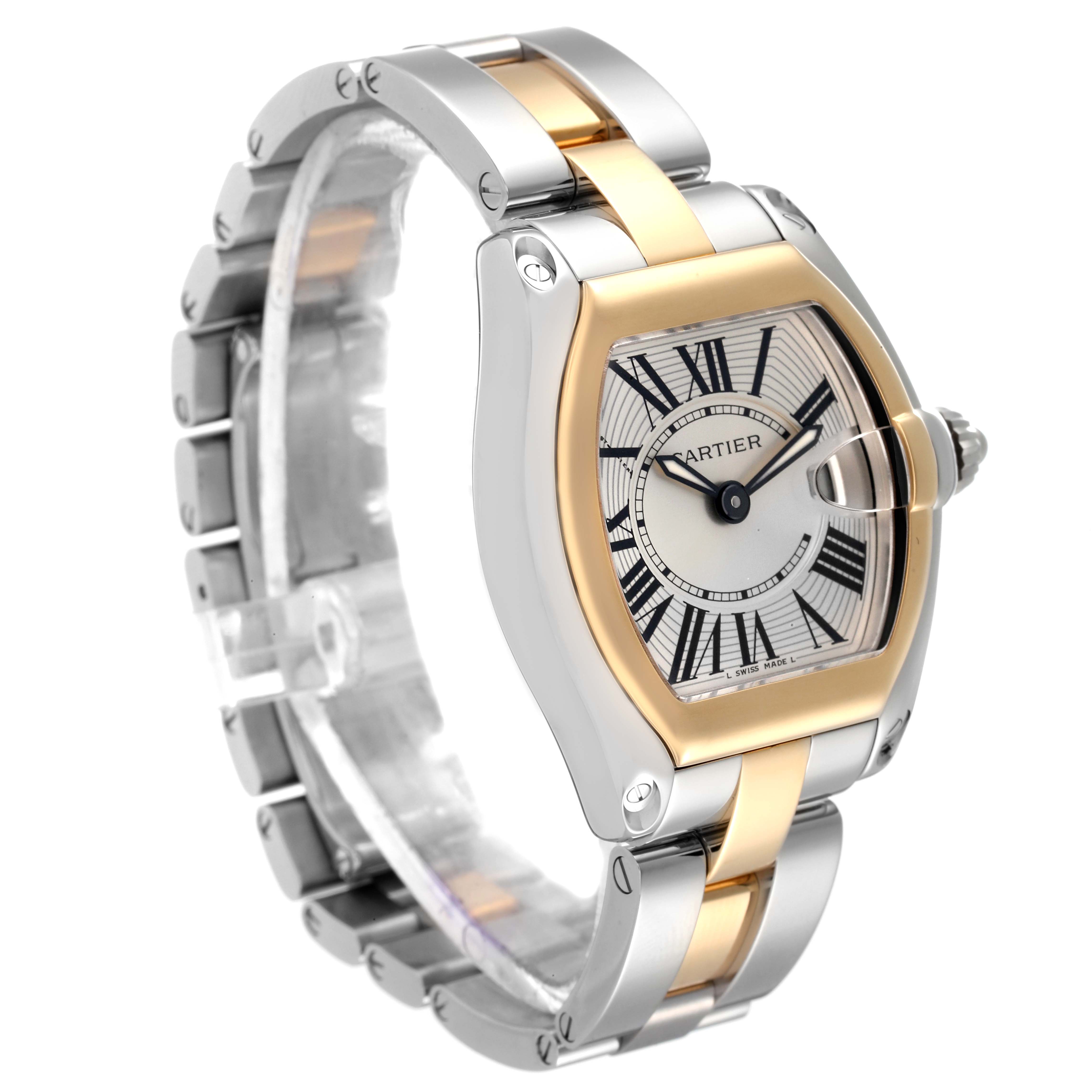 The Cartier Roadster W62026Y4 Women's Steel and Gold (two tone) Silver Dial W62026Y4 Women's Steel and Gold (two tone) Silver Dial watch is shown at an angle displaying the case, crown, dial, and partial bracelet.
