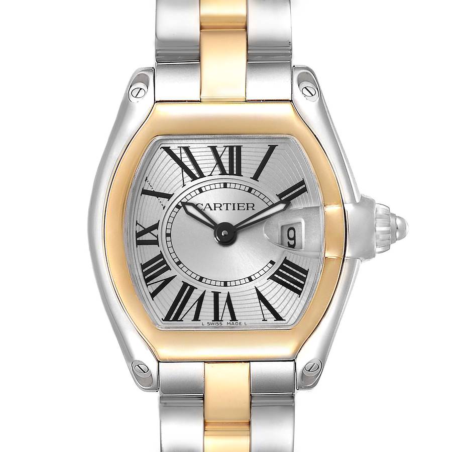The image shows a frontal view of the Roadster model by Cartier, highlighting the dial, bezel, and part of the bracelet.