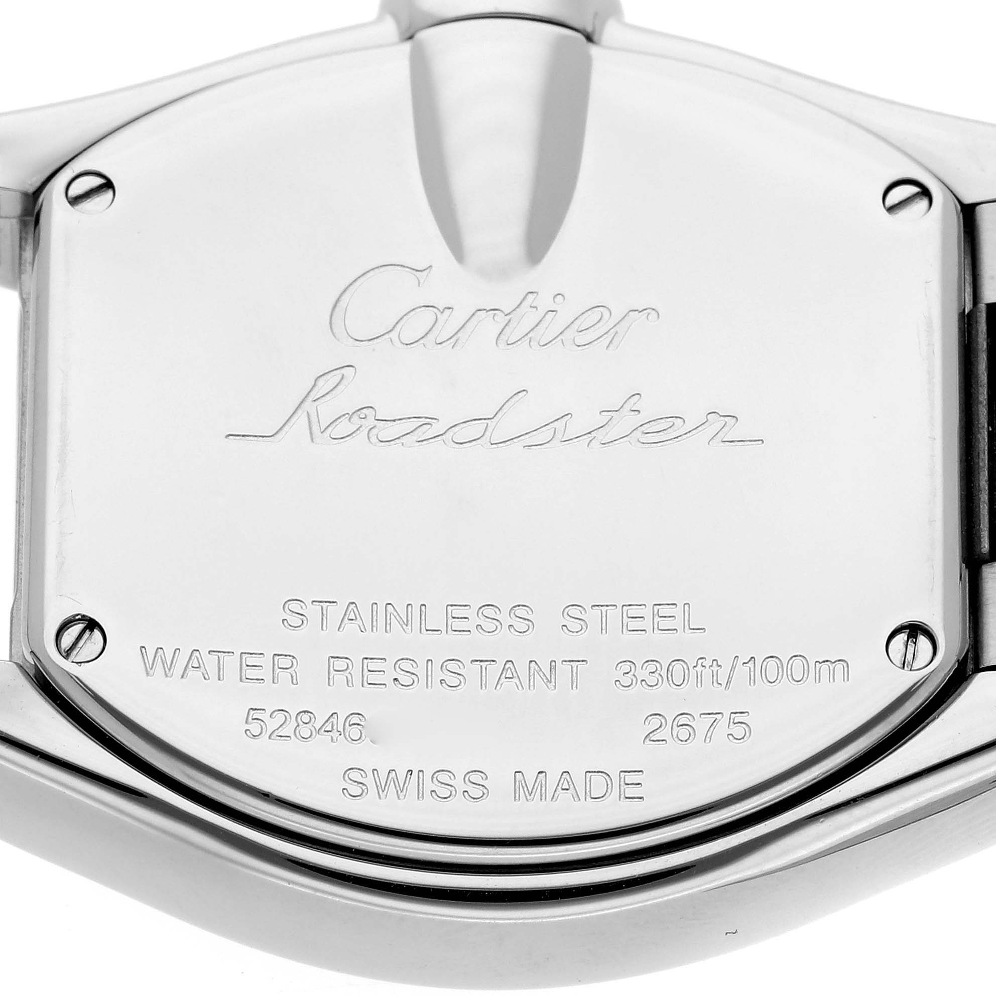 This is the back casing of a Cartier Roadster W62026Y4 Women's Steel and Gold (two tone) Silver Dial W62026Y4 Women's Steel and Gold (two tone) Silver Dial watch, showing the engraved model details and specifications.