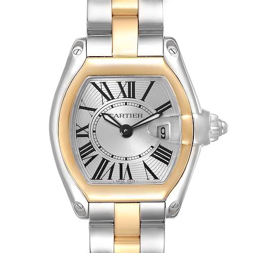The image shows a frontal view of the Cartier Roadster W62026Y4 Women's Steel and Gold (two tone) Silver Dial W62026Y4 Women's Steel and Gold (two tone) Silver Dial watch, highlighting the dial, bezel, and a portion of the bracelet.