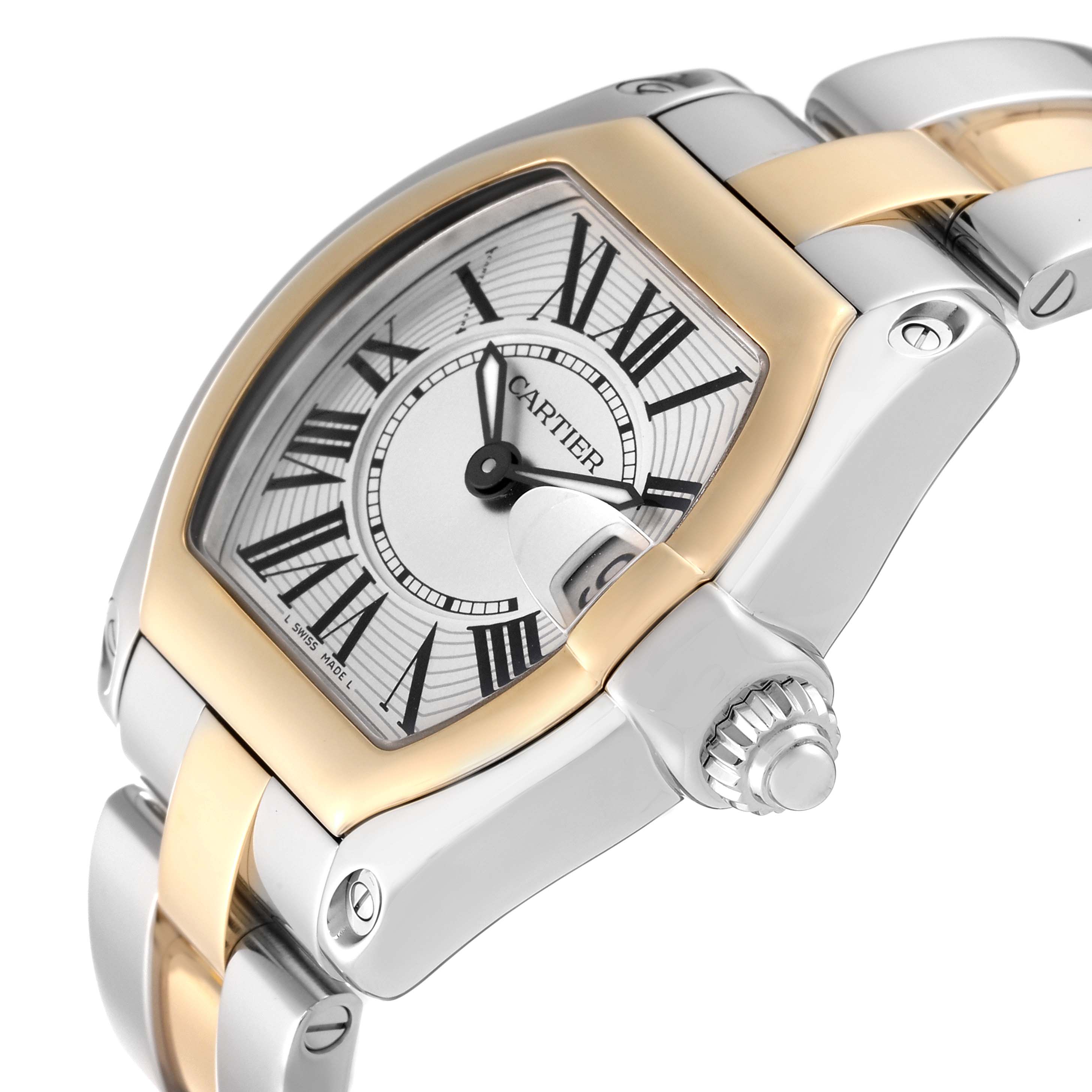 The image shows the Cartier Roadster W62026Y4 Women's Steel and Gold (two tone) Silver Dial W62026Y4 Women's Steel and Gold (two tone) Silver Dial watch at an angle highlighting the watch face, crown, and part of the bracelet.