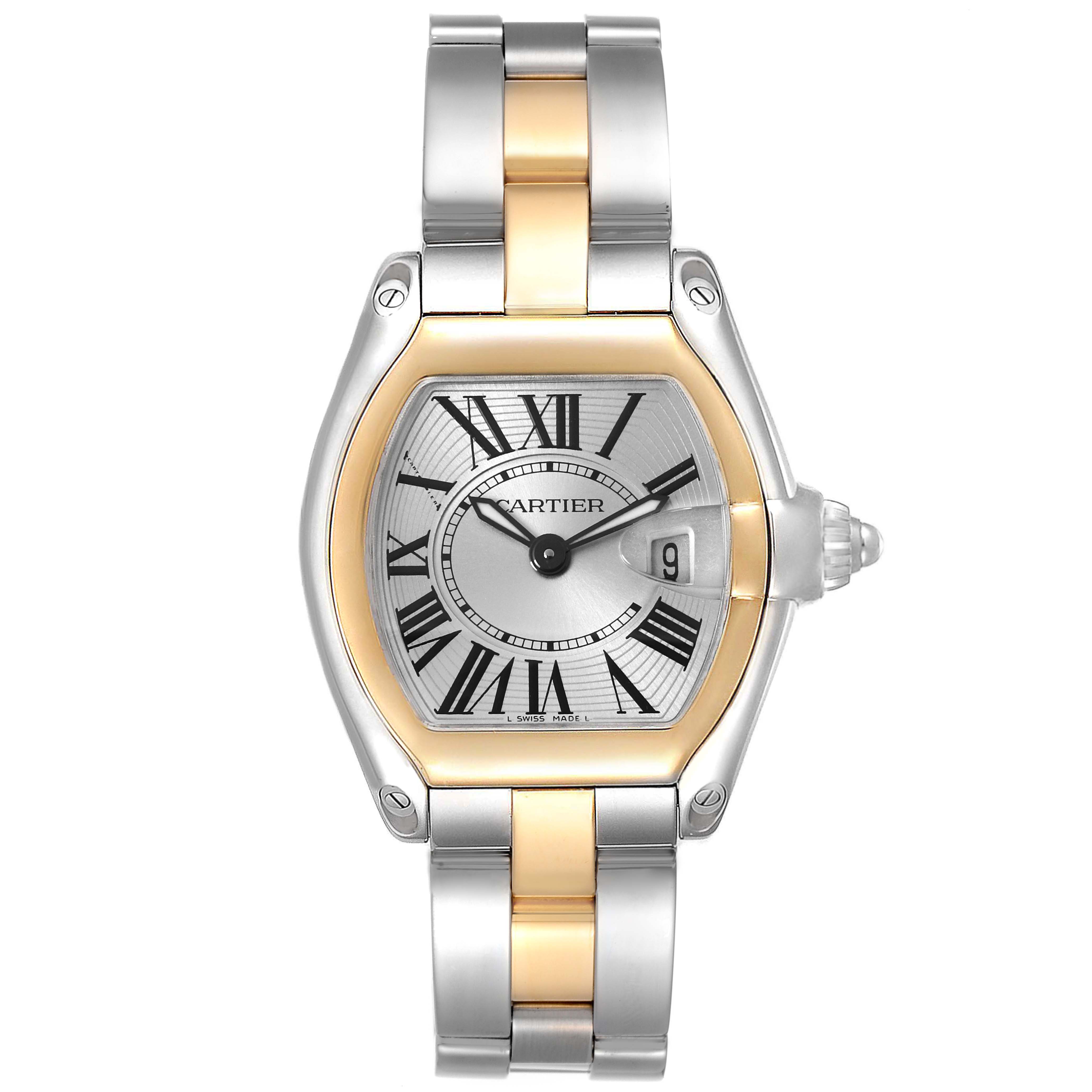 The Cartier Roadster W62026Y4 Women's Steel and Gold (two tone) Silver Dial W62026Y4 Women's Steel and Gold (two tone) Silver Dial watch is shown from a top-down angle, highlighting its dial, case, bracelet, and crown.
