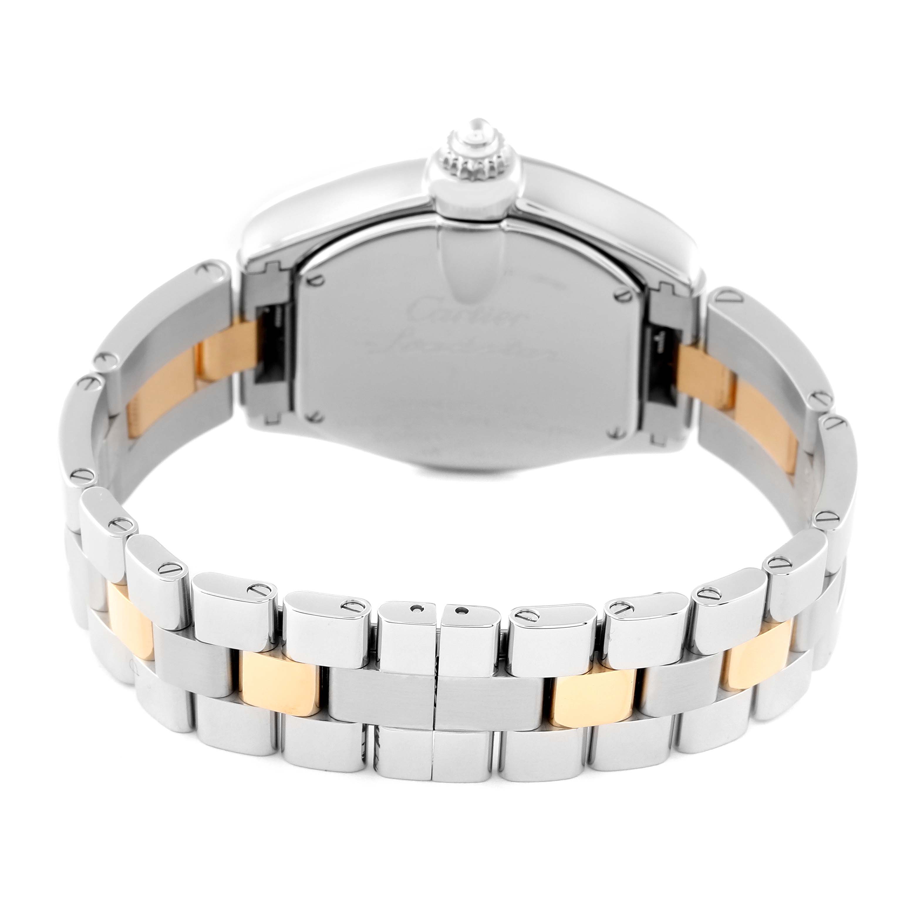 The image shows the back and bracelet of a Cartier Roadster W62026Y4 Women's Steel and Gold (two tone) Silver Dial W62026Y4 Women's Steel and Gold (two tone) Silver Dial watch, highlighting the two-tone metal links.