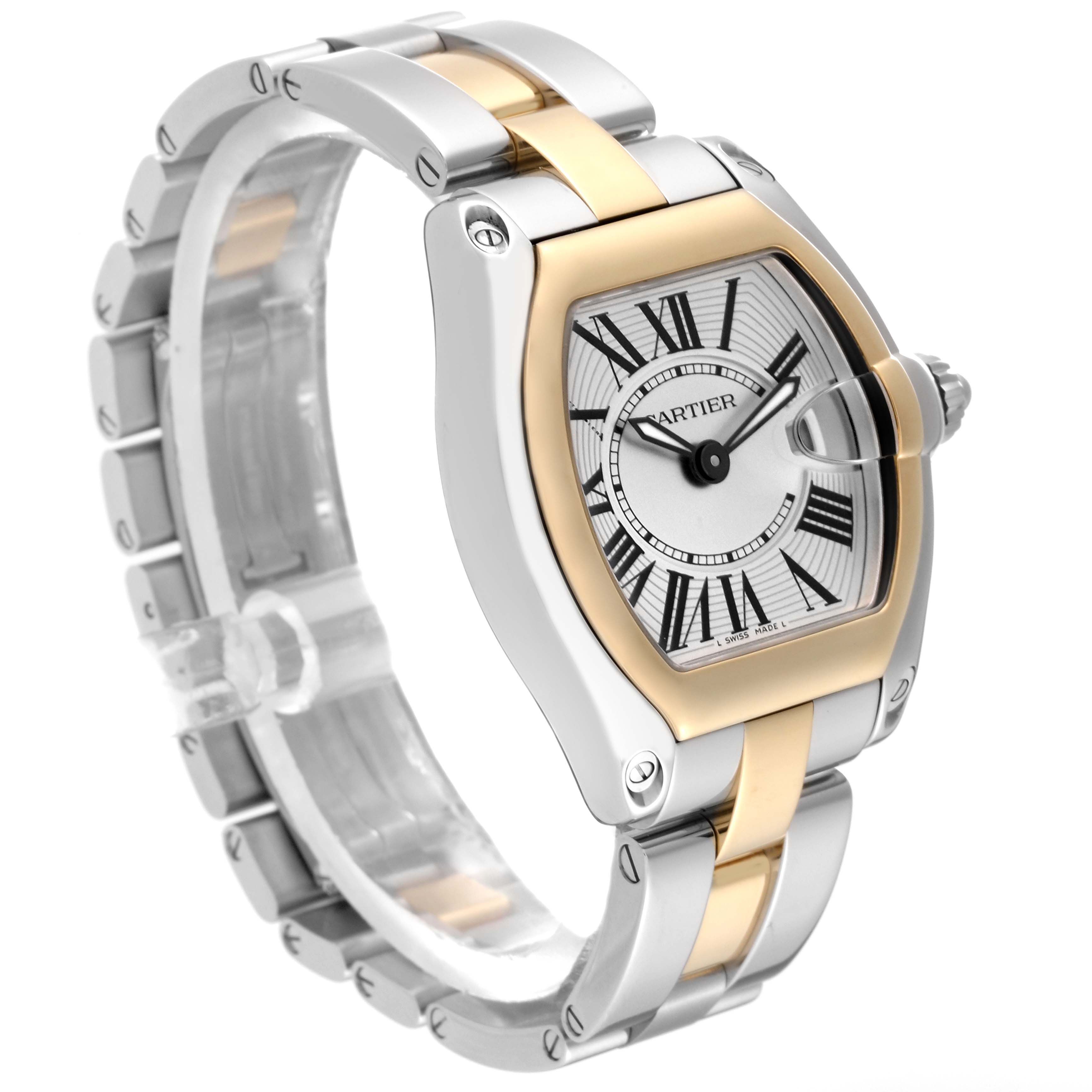 The image shows a side view of a Cartier Roadster W62026Y4 Women's Steel and Gold (two tone) Silver Dial W62026Y4 Women's Steel and Gold (two tone) Silver Dial watch, highlighting its two-tone (silver and gold) bracelet and dial.