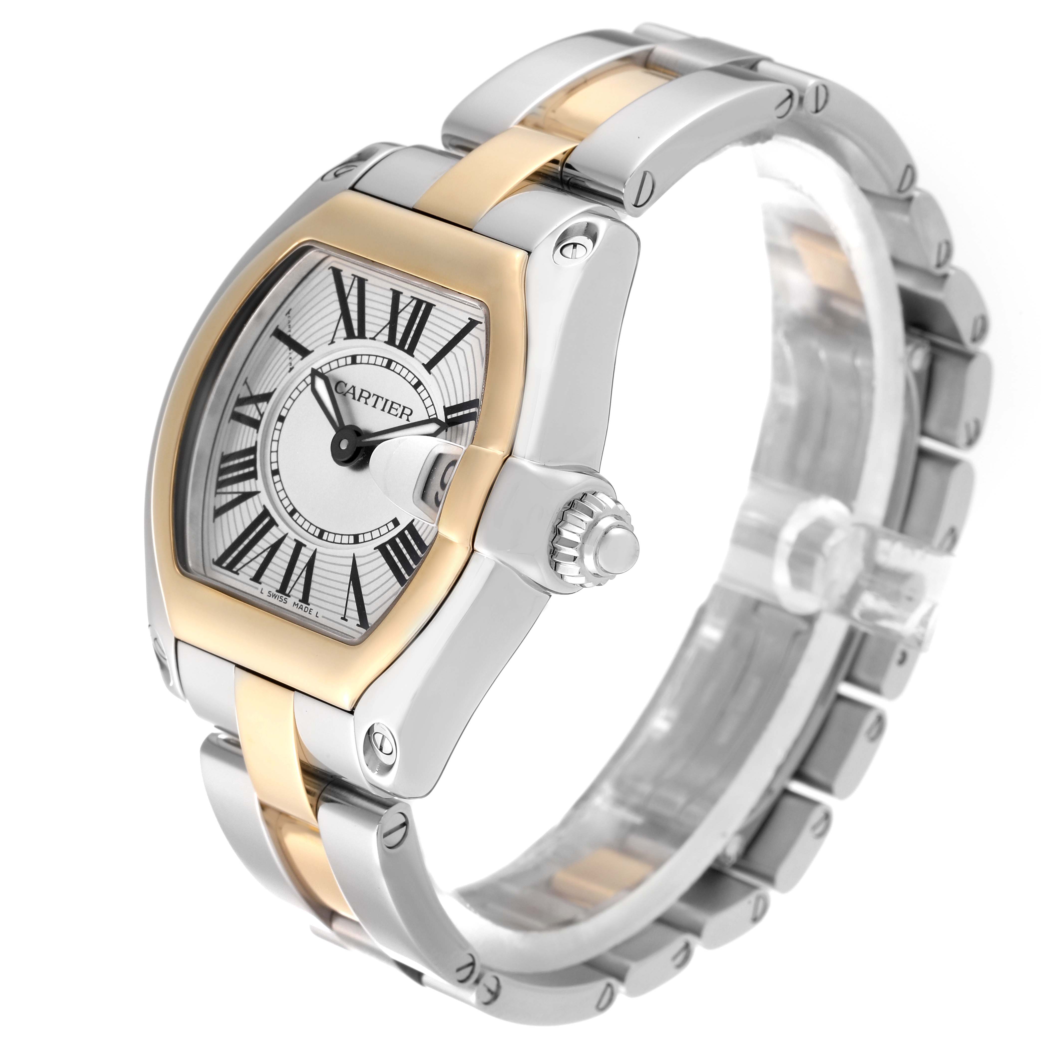 The Cartier Roadster W62026Y4 Women's Steel and Gold (two tone) Silver Dial W62026Y4 Women's Steel and Gold (two tone) Silver Dial model watch is shown at an angled side view, displaying its face, bezel, crown, and bracelet.