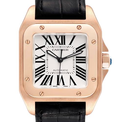 This image shows a close-up of the Santos by Cartier watch, featuring its square face, Roman numeral markers, and black leather strap.