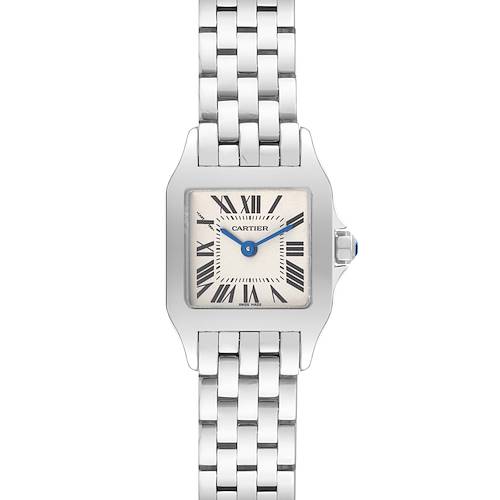 The image shows a front view of the Cartier Santos Demoiselle W25064Z5 Women's Stainless Steel Silver Dial W25064Z5 Women's Stainless Steel Silver Dial watch, highlighting the face, bezel, and bracelet.