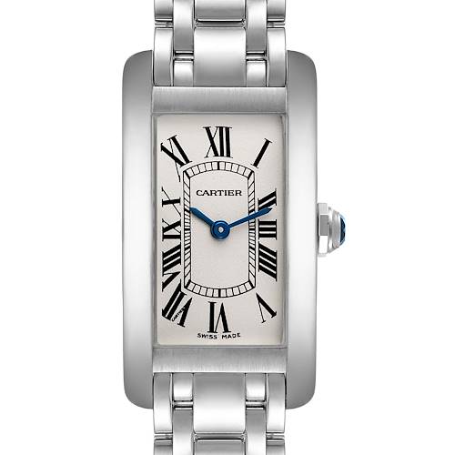 This Tank Américaine watch by Cartier is shown from a front angle, displaying the face, hands, and part of the metal bracelet.