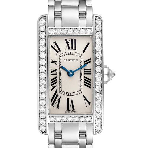 The image shows a close-up of the dial and bezel of a Cartier Tank Américaine watch, highlighting its rectangular design and Roman numerals.