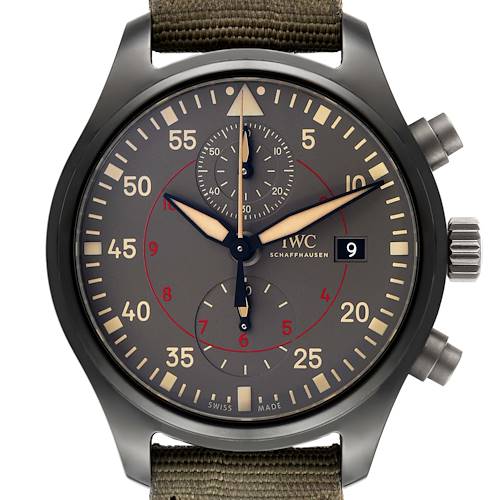 The image shows a frontal view of the IWC Pilot IW389002 Men's Ceramic Black Dial IW389002 Men's Ceramic Black Dial model watch, including the dial, hands, sub-dials, and crown.