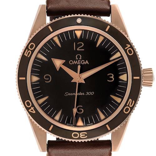 The Omega Seamaster 234.92.41.21.10.001 Men's Bronze Brown Dial watch is shown from the front, displaying the bezel, dial, and leather strap.