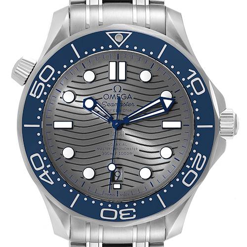 The image shows a frontal view of an Omega Seamaster 210.30.42.20.06.001 Men's Stainless Steel Grey Dial 210.30.42.20.06.001 Men's Stainless Steel Grey Dial watch, highlighting its face, bezel, crown, and bracelet.