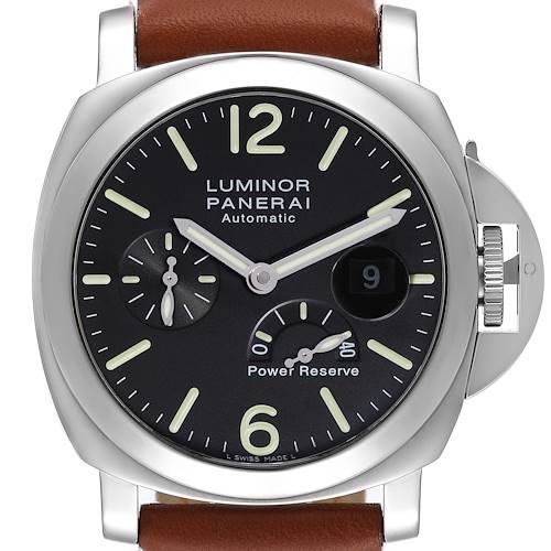 The image shows a Panerai Luminor PAM00090 Men's Stainless Steel Black Dial PAM00090 Men's Stainless Steel Black Dial watch front view, displaying the dial, date, and power reserve indicator.