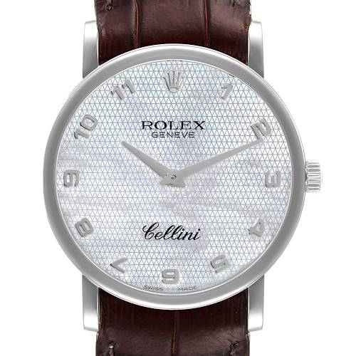 The image shows a front view of a Rolex Cellini 5115 Men's White Gold Mother of Pearl Dial 5115 Men's White Gold Mother of Pearl Dial watch, highlighting its dial, hands, crown, and brown leather strap.