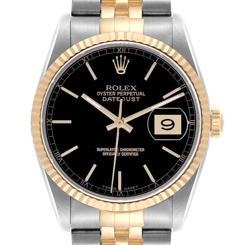 The Rolex Datejust 16233 Men's Steel and Gold (two tone) Black Dial watch is shown from a front angle, displaying the dial, bezel, and part of the bracelet.