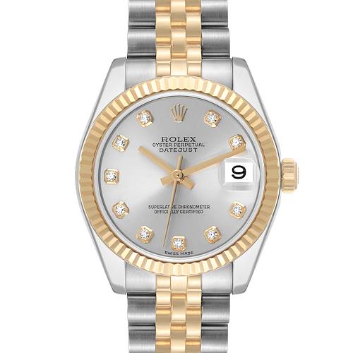 This image shows a frontal view of the Rolex Oyster Perpetual Datejust Mid-Size model, featuring a silver dial with diamond hour markers and a two-tone bracelet.