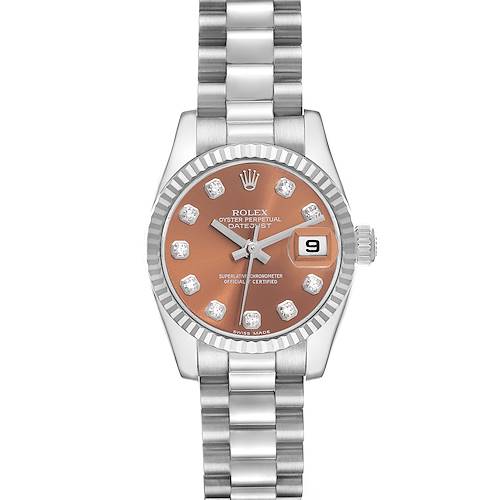 This image shows the dial, bezel, and bracelet of a Rolex President 179179 Women's White Gold Brown Dial 179179 Women's White Gold Brown Dial model watch from a top-down angle.