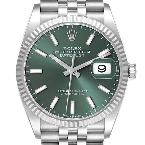 This image shows a front view of a Rolex Datejust 126234 Men's Stainless Steel Green Dial 126234 Men's Stainless Steel Green Dial watch, highlighting the green dial, bezel, bracelet, and date window.