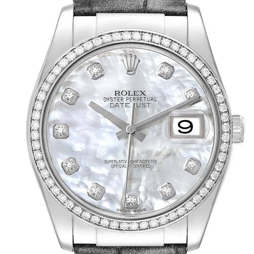 The image shows a front view of a Rolex Datejust 116189 Men's White Gold Mother of Pearl Dial 116189 Men's White Gold Mother of Pearl Dial watch, highlighting the dial, markers, hands, date window, and bezel.