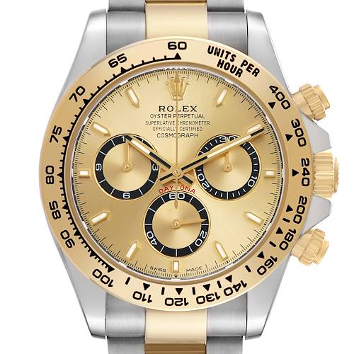 The Rolex Daytona 126503 Men's Steel and Gold (two tone) Champagne Dial watch is shown from a front angle, highlighting its gold dial, tachymetric bezel, and pushers.
