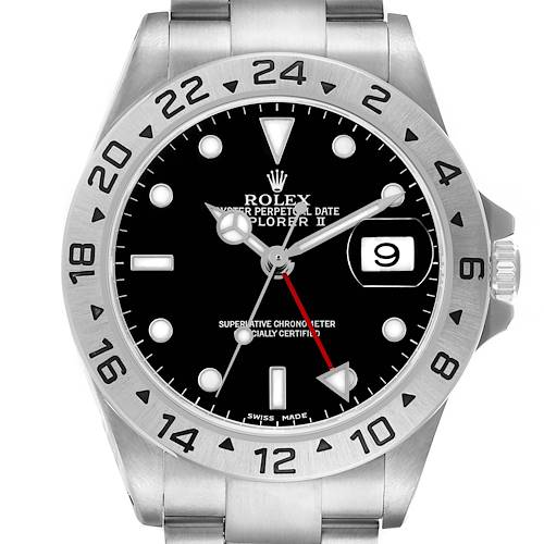 The Rolex Explorer 16570 Men's Stainless Steel Black Dial watch is shown from a front angle, displaying the bezel, dial, hands, and date window.