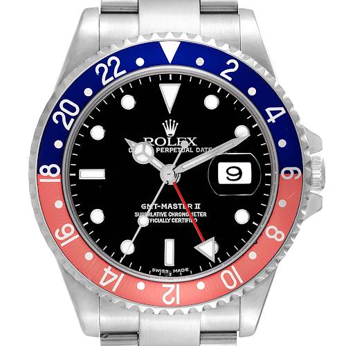 This Rolex GMT-Master 16710 Men's Stainless Steel Black Dial 16710 Men's Stainless Steel Black Dial II watch is shown from the front, highlighting its black dial, red and blue bezel, and date window.