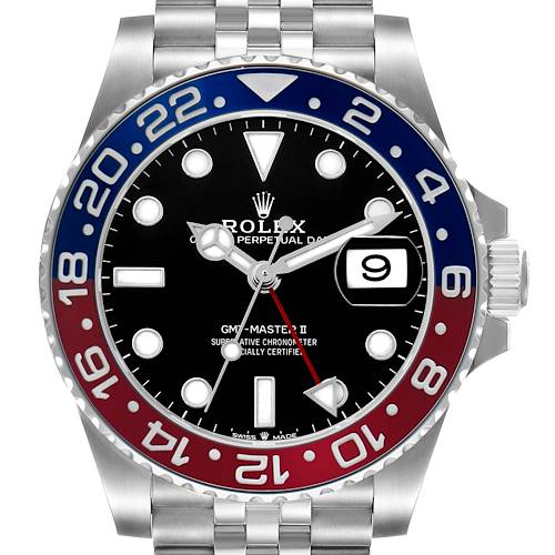 The Rolex GMT-Master 126710 Men's Stainless Steel Black Dial watch is shown from the front, highlighting the bezel, dial, hands, and date window.