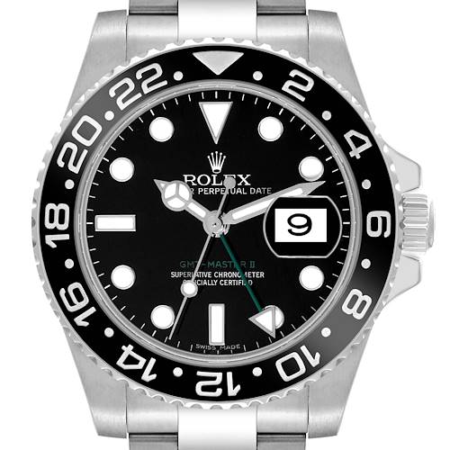 The image shows the front view of the Rolex GMT-Master 116710 Men's Stainless Steel Black Dial 116710 Men's Stainless Steel Black Dial II watch, highlighting the face, bezel, and part of the bracelet.