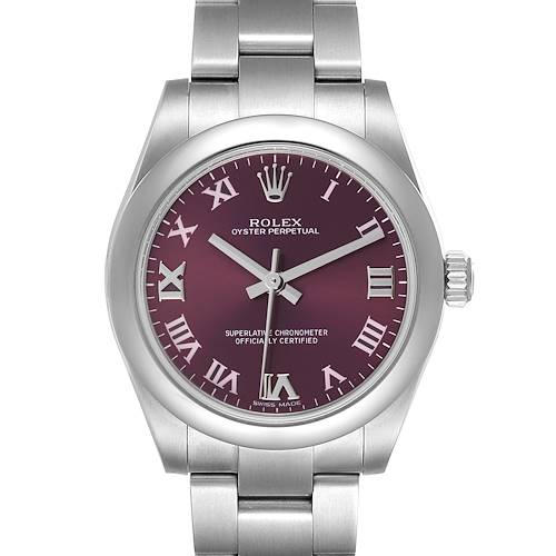 The image shows a front view of a Rolex Oyster Perpetual Mid-Size watch with a purple dial and silver bracelet.