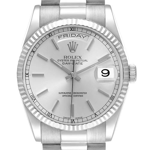 This image shows a front view of a Rolex President 118239 Men's White Gold Silver Dial 118239 Men's White Gold Silver Dial model watch, featuring the dial, bezel, crown, and part of the bracelet.