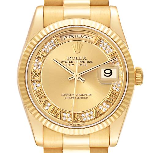 The image shows a close-up front view of a Rolex President 118238 Men's Yellow Gold Champagne Dial 118238 Men's Yellow Gold Champagne Dial Day-Date watch, highlighting the gold dial, day and date displays, and diamond hour markers.