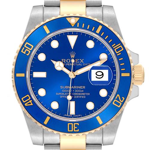 This image shows a front view of a Rolex Submariner 64733 Men's Steel and Gold (two tone) Blue Dial 64733 Men's Steel and Gold (two tone) Blue Dial watch, highlighting the blue dial, gold accents, and date window.
