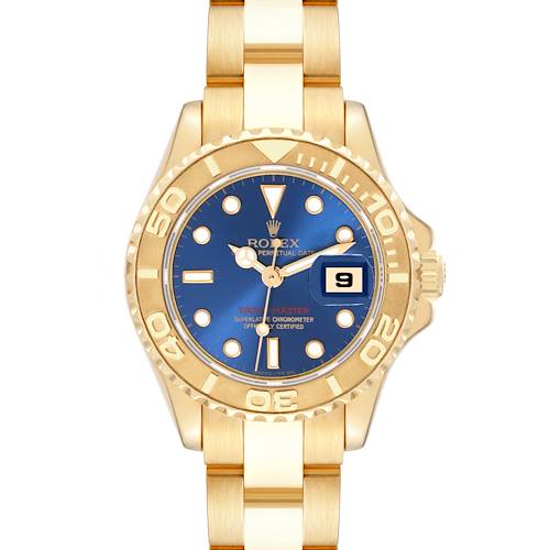 The image shows a front view of a Rolex Yacht-Master 69628 Women's Yellow Gold Blue Dial 69628 Women's Yellow Gold Blue Dial watch, highlighting its dial, bezel, and bracelet.