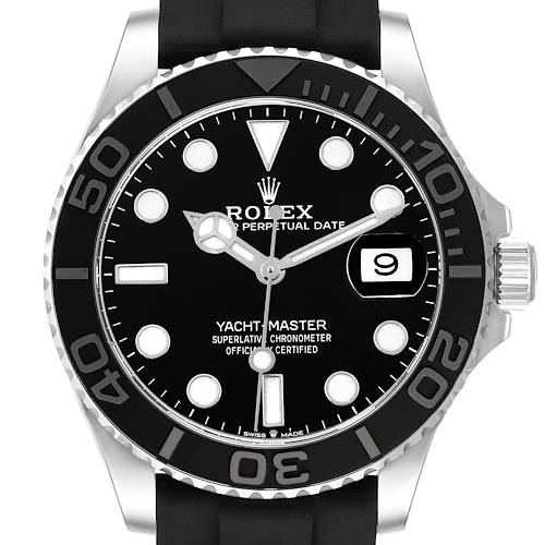 The Rolex Yacht-Master 226659 Men's White Gold Black Dial watch is shown from the front, displaying its bezel, dial, hands, and date window.