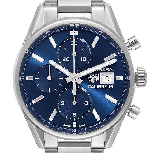 The image shows a close-up of a Tag Heuer Carrera CBK2112.BA0715 Men's Stainless Steel Blue Dial CBK2112.BA0715 Men's Stainless Steel Blue Dial watch face with a blue dial and chronograph subdials.