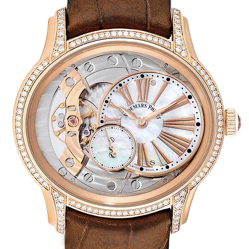 This image shows a front view of the Audemars Piguet Millenary 77247OR.ZZ.1272OR.01 Women's Rose Gold Mother of Pearl Dial 77247OR.ZZ.1272OR.01 Women's Rose Gold Mother of Pearl Dial watch, highlighting its intricate dial and diamond-studded bezel.