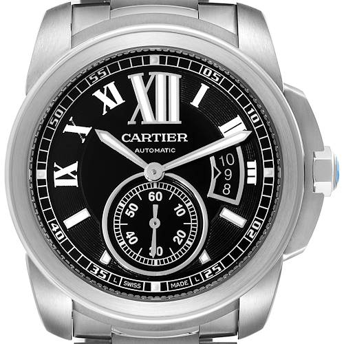 The image shows a front view of the Calibre de Cartier watch by Cartier, highlighting its dial, hands, and bezel.
