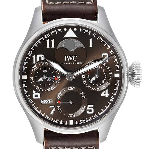 The image shows a front view of the IWC Pilot IW503801 Men's Stainless Steel Brown Dial IW503801 Men's Stainless Steel Brown Dial model watch displaying its dial, complications, and leather strap.