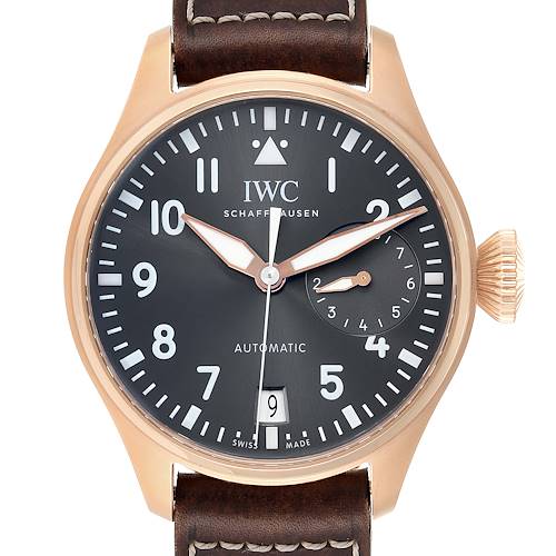 The image shows a front view of an IWC Pilot IW500917 Men's Rose Gold Grey Dial IW500917 Men's Rose Gold Grey Dial model watch, featuring a black dial, gold case, and brown leather strap.